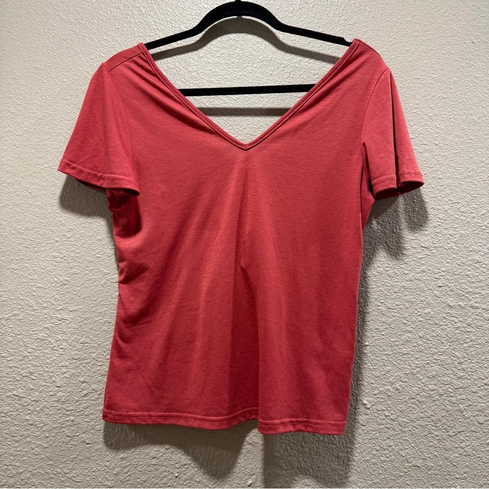 Women‎ Criss Cross V Neck Tie Back Top Pink Short Sleeve Stretch Blouse S Y2K